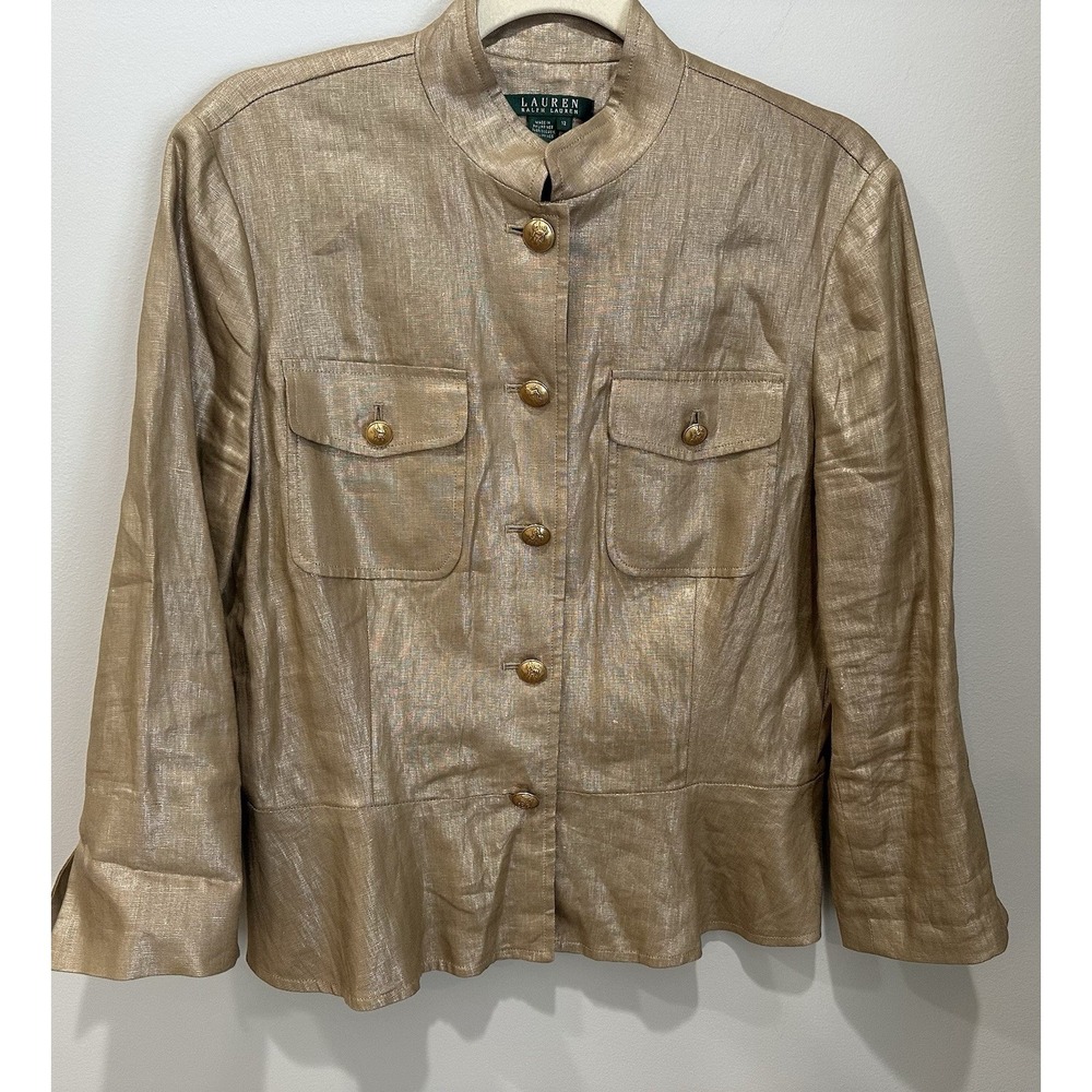 Lauren Ralph Lauren 100% Linen Equestrian Military Gold Peplum Jacket Size 12